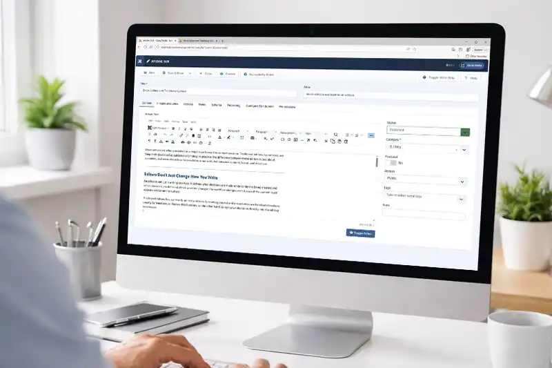 A screenshot showing a monitor with the Joomla editor open with page content