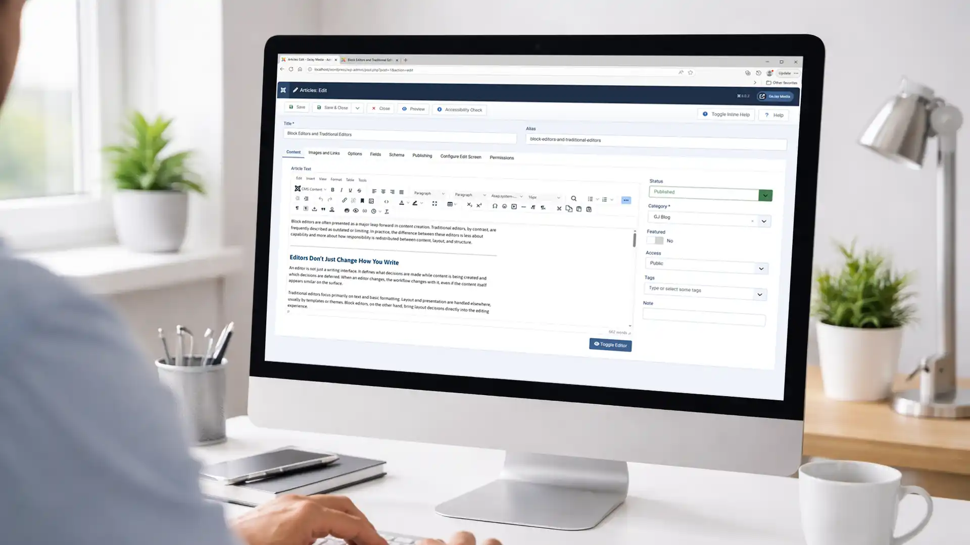 A screenshot showing a monitor with the Joomla editor open with page content