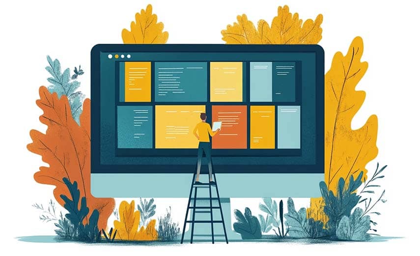 An illustration showing a worker on a ladder fixing a website that shows on a computer monitor