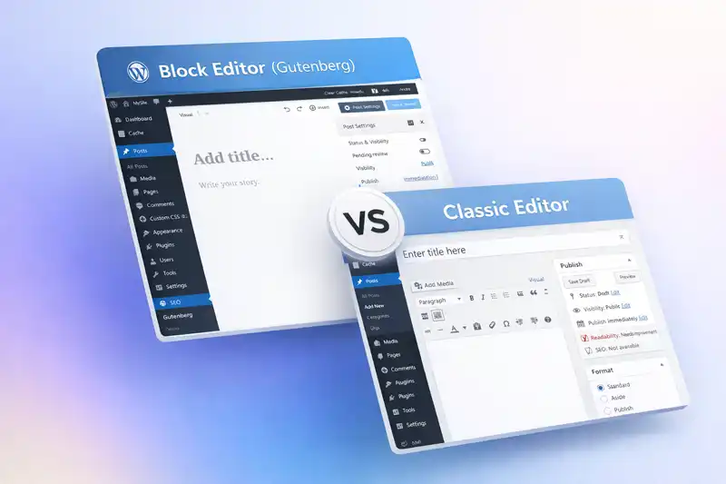 A screenshot showing and comparing the WordPress block editor vs the classic editor
