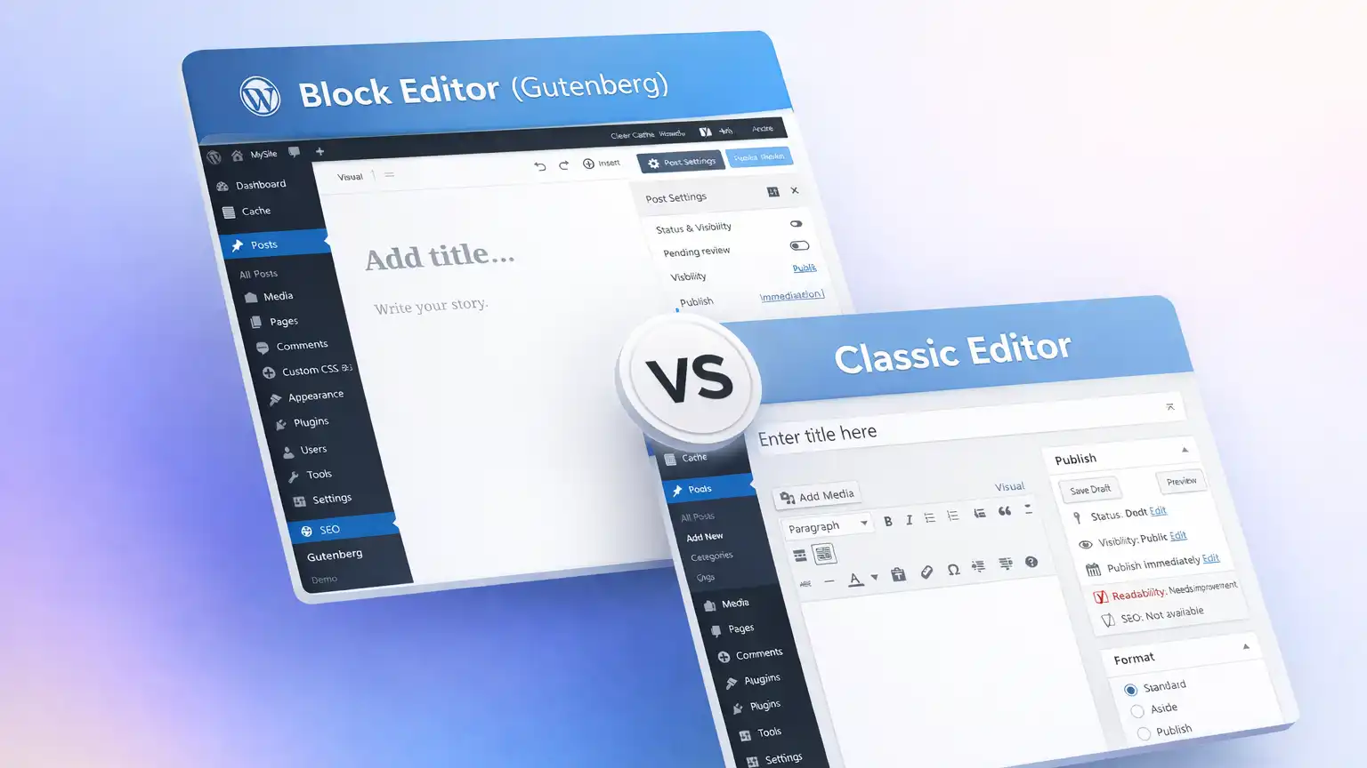 A screenshot showing and comparing the WordPress block editor vs the classic editor
