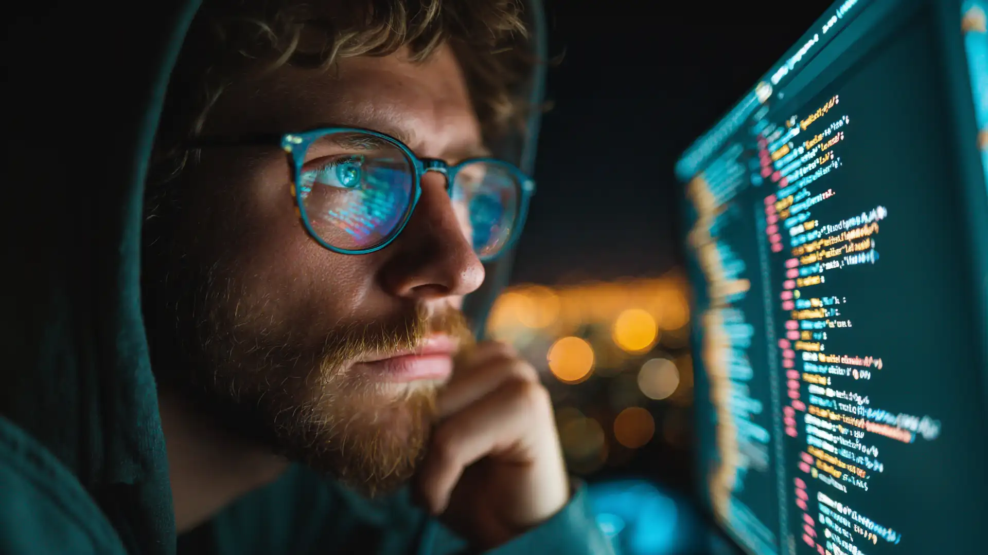 A close up photo of a website developer looking at source code on a computer monitor