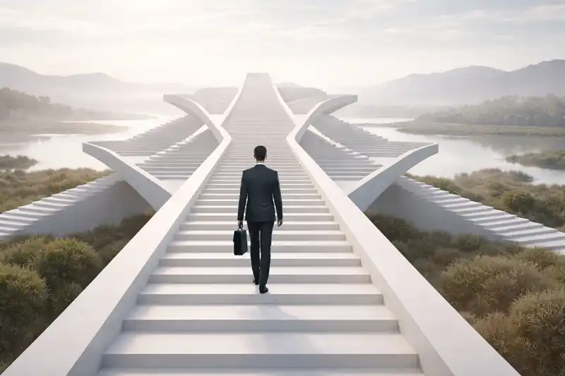 A businessman walking up a futuristic staircase above a landscape with additional staircases in different directions