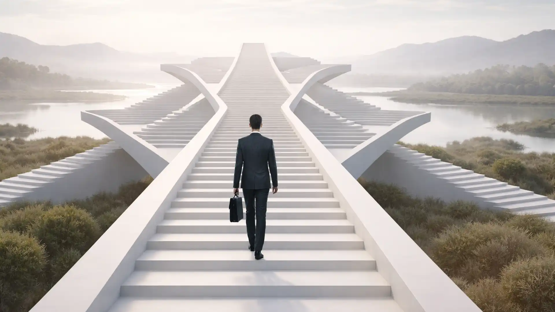 A businessman walking up a futuristic staircase above a landscape with additional staircases in different directions