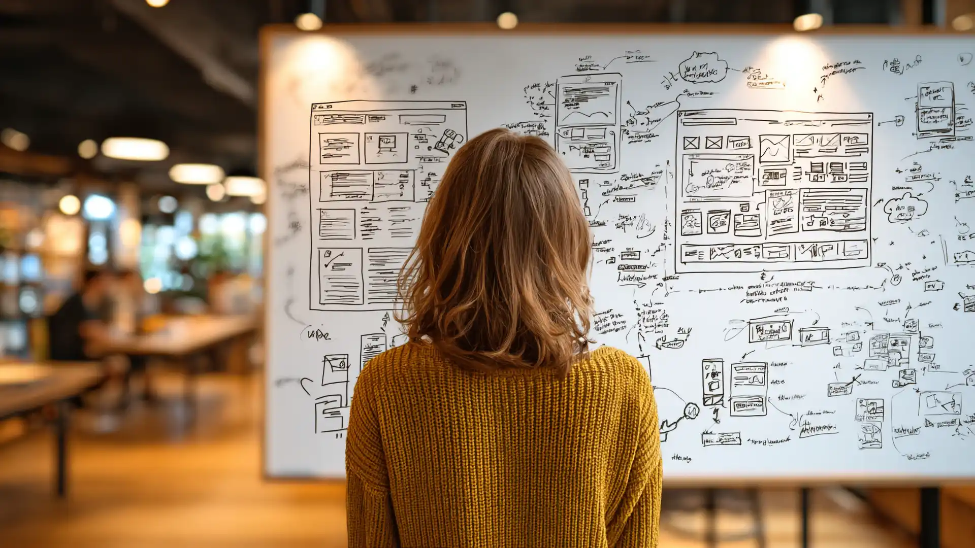 A web designer looking at a whiteboard containing webpage layouts and notes