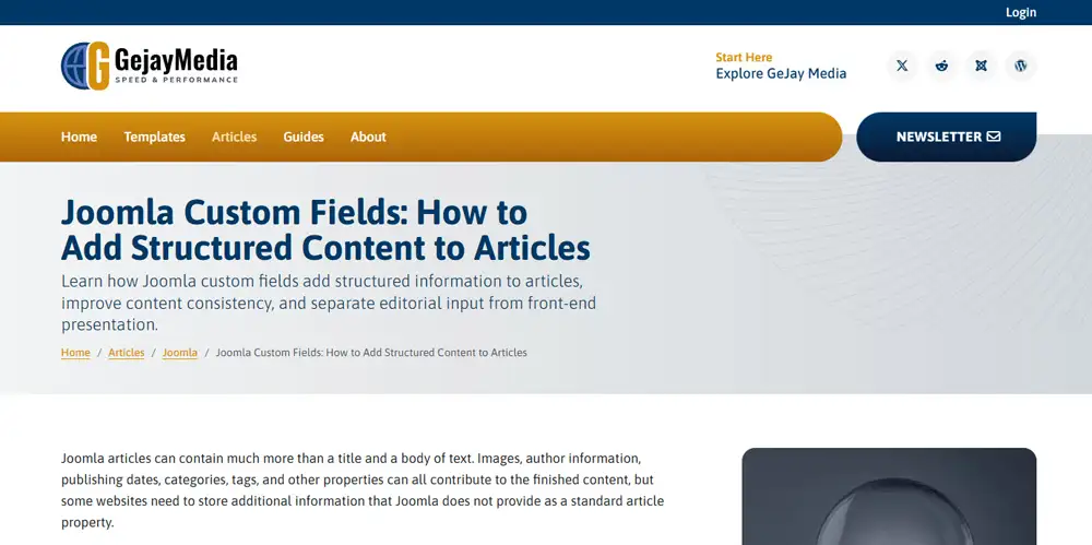 GeJay Media article showing the custom Page Intro field rendered beneath the Joomla Custom Fields article title