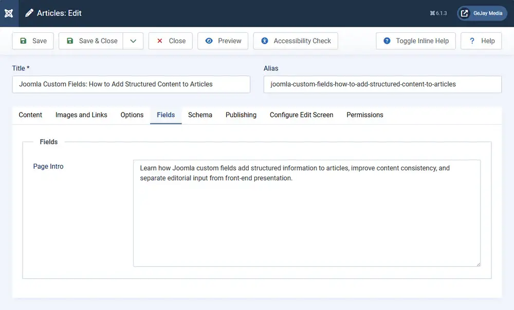 Joomla article editor showing the Fields tab with the Page Intro custom field used for the GeJay Media custom fields article