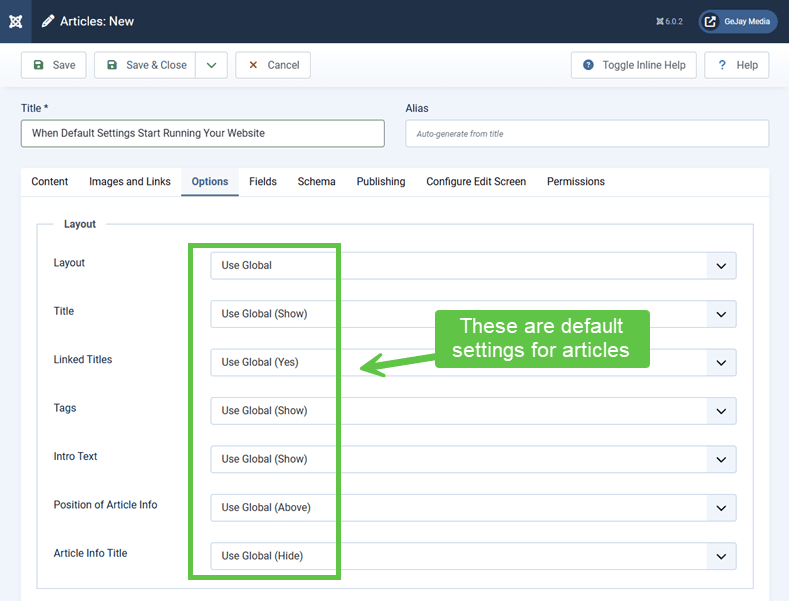 Screenshot showing default article settings and options in Joomla