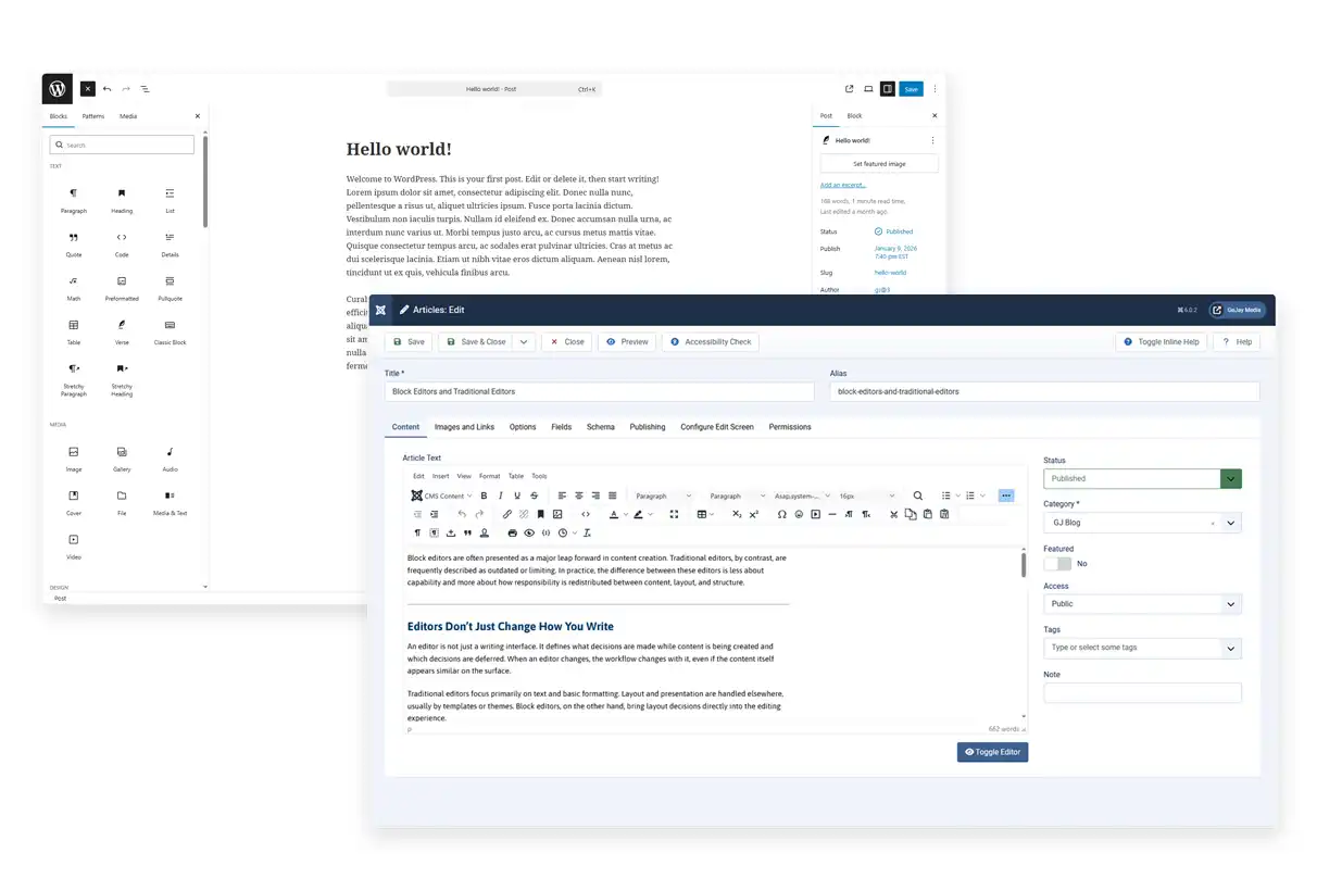 Side-by-side comparison of WordPress Gutenberg block editor and Joomla TinyMCE traditional editor