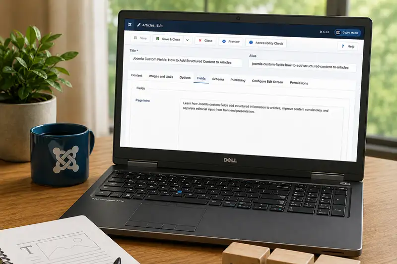 Laptop displaying Joomla custom fields alongside visual symbols representing structured content and website presentation
