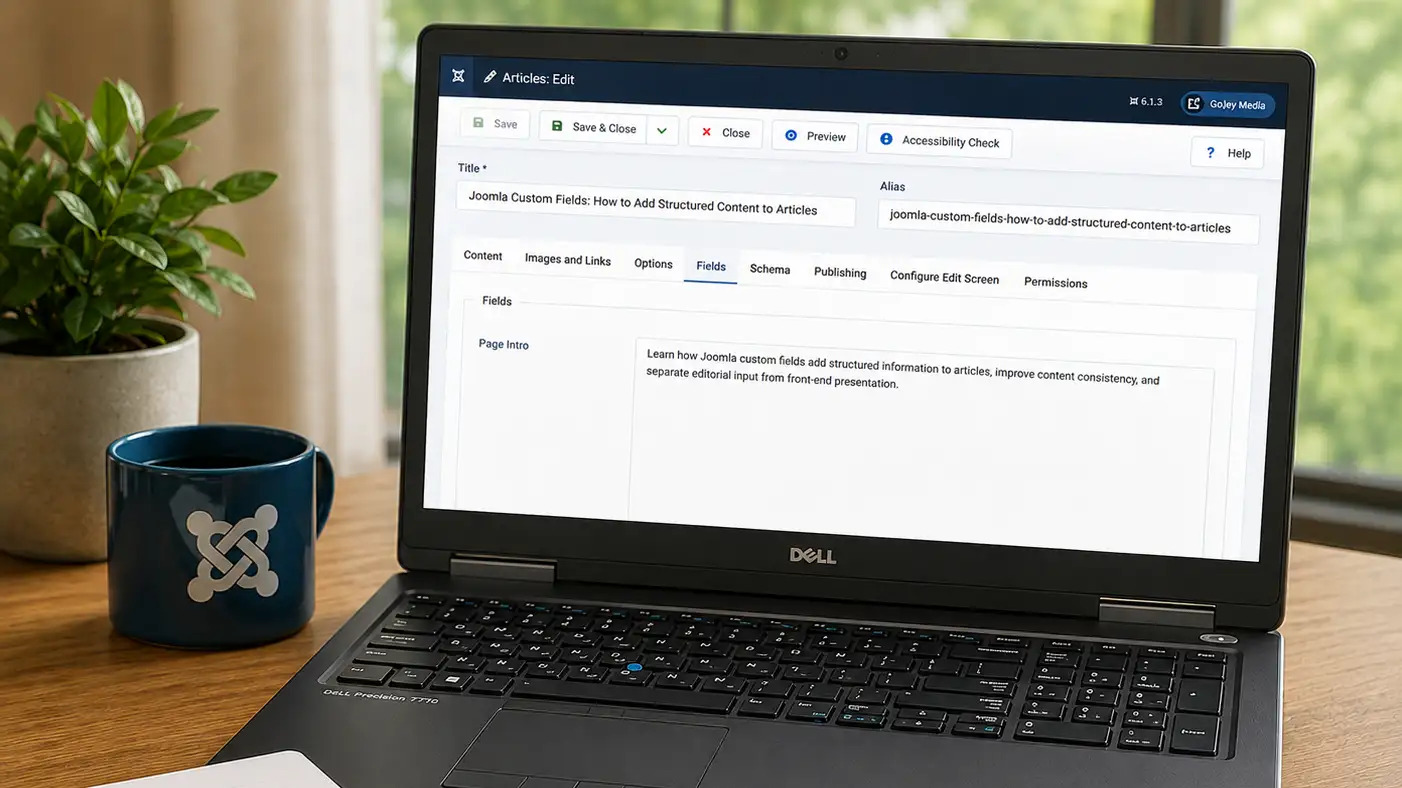 Laptop displaying Joomla custom fields alongside visual symbols representing structured content and website presentation