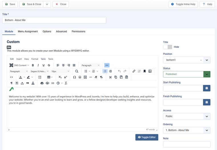 A screenshot showing an editor and settings for the Custom HTML module