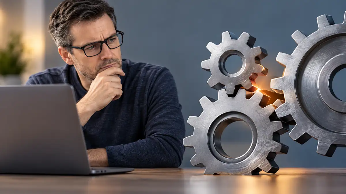 Man examining a group of interconnected metal gears, representing the complexity of troubleshooting Joomla extension conflicts.