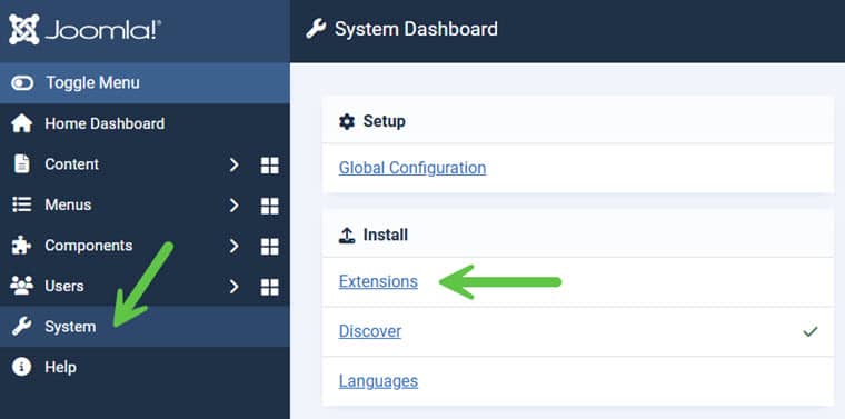 Screenshot of the Joomla CMS for installing extensions