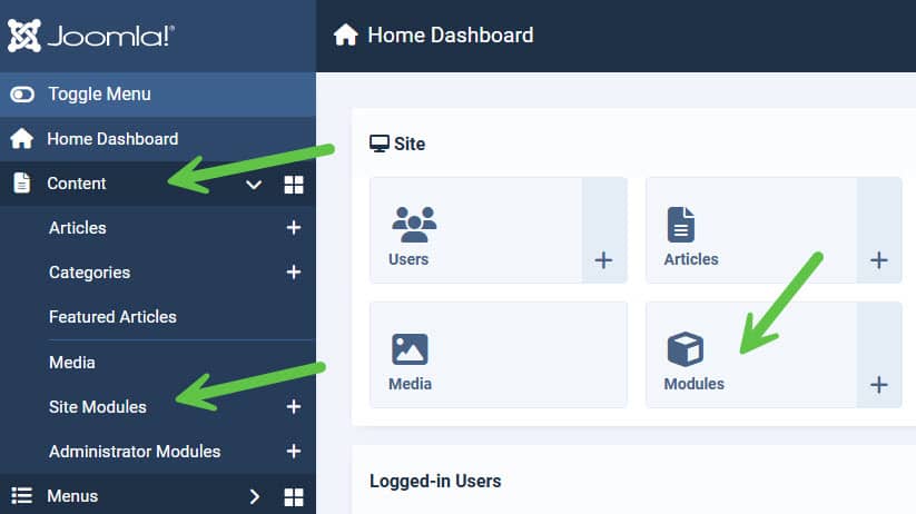 A screenshot showing how to manage Joomla modules