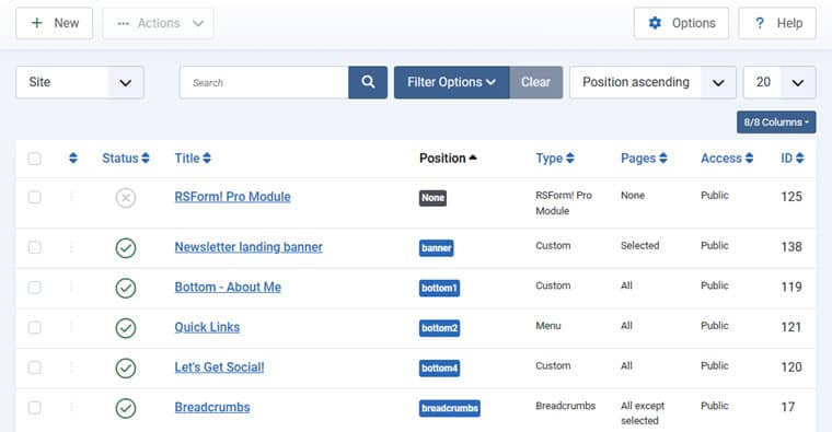 A screenshot showing published modules
