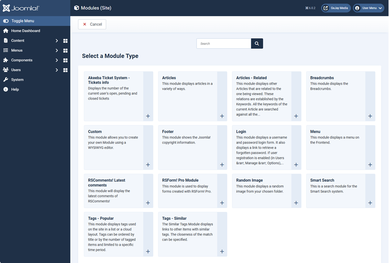 Screenshot showing available Joomla modules to choose from