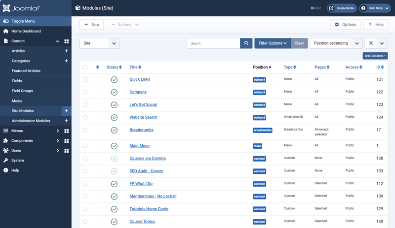 Screenshot showing Joomla module manager with active modules
