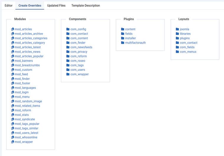 A screenshot showing all the template file overrides that are available in Joomla