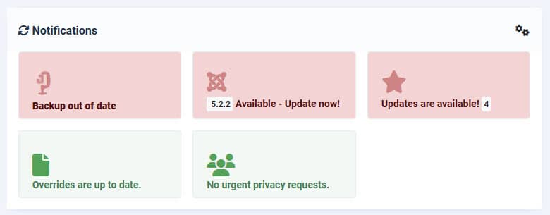Screenshot showing the Joomla dashboard home updates panel