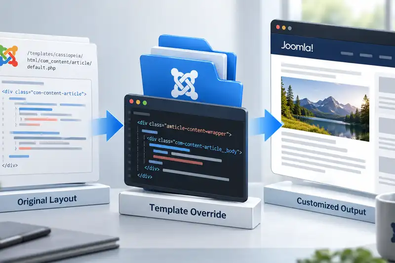 Joomla template override process showing an original layout, customized template override, and resulting page output
