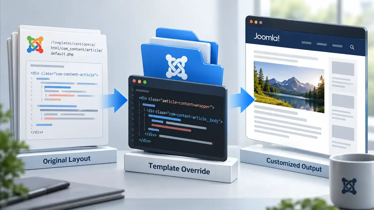 Joomla template override process showing an original layout, customized template override, and resulting page output