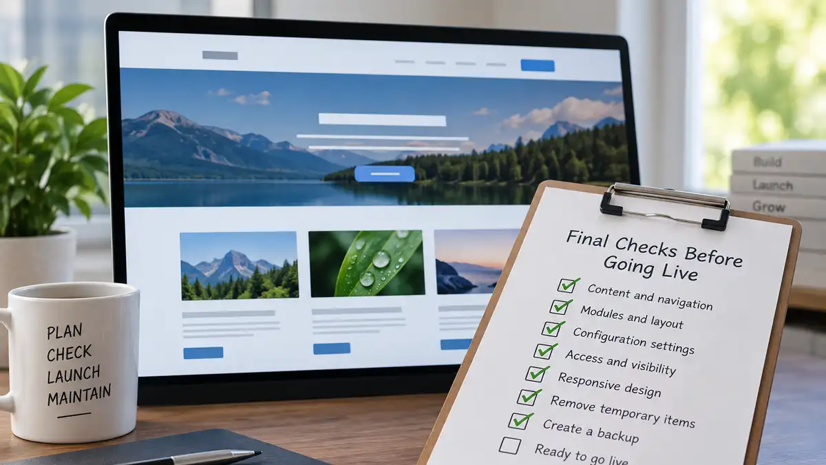 Final website launch checklist beside a completed website ready for review