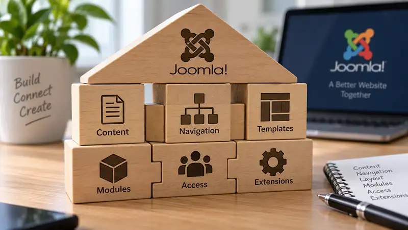 Interlocking blocks representing Joomla content, navigation, templates, modules, access and extensions