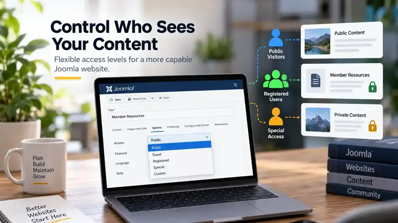 Joomla website access settings illustrating different viewing levels for public and registered content