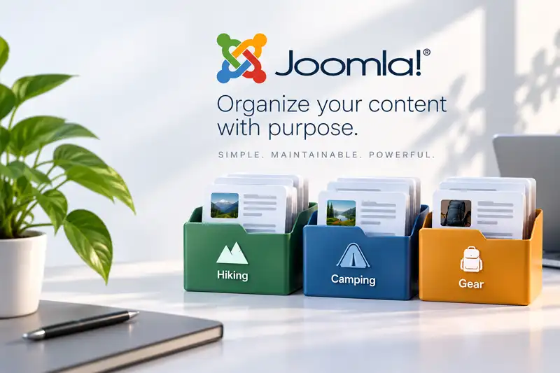 Joomla articles organized into Hiking, Camping, and Gear categories