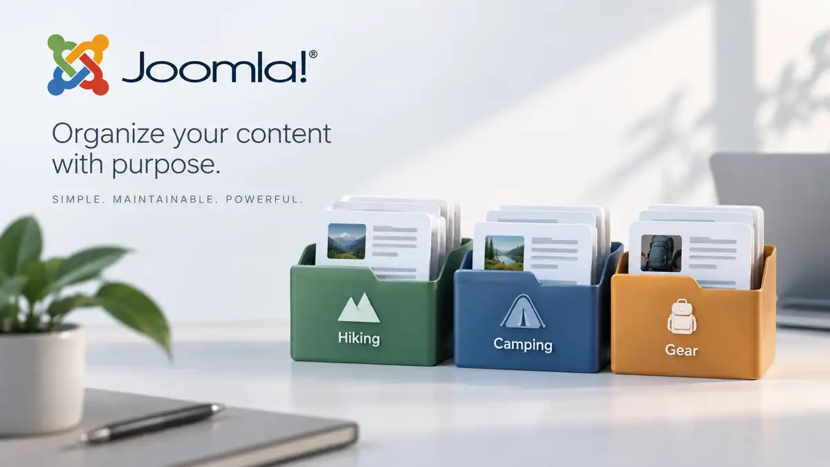 Joomla articles organized into Hiking, Camping, and Gear categories