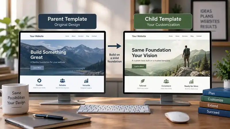 Parent and child website templates showing how a customized design builds on the same foundation