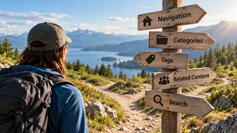 Hiker choosing among signposted paths representing different ways to discover Joomla content