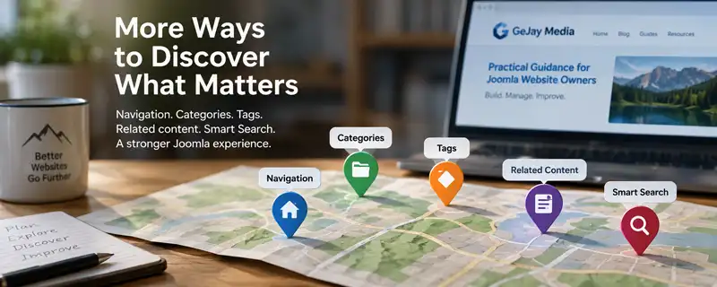 Map illustrating navigation, categories, tags, related content, and Smart Search as different ways to discover Joomla content