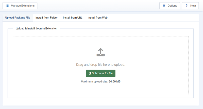 A screenshot showing the Joomla extension installer and methods to use