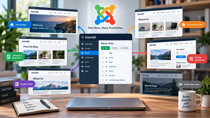 Joomla menu structure connecting different page views, module assignments, and a hidden menu item