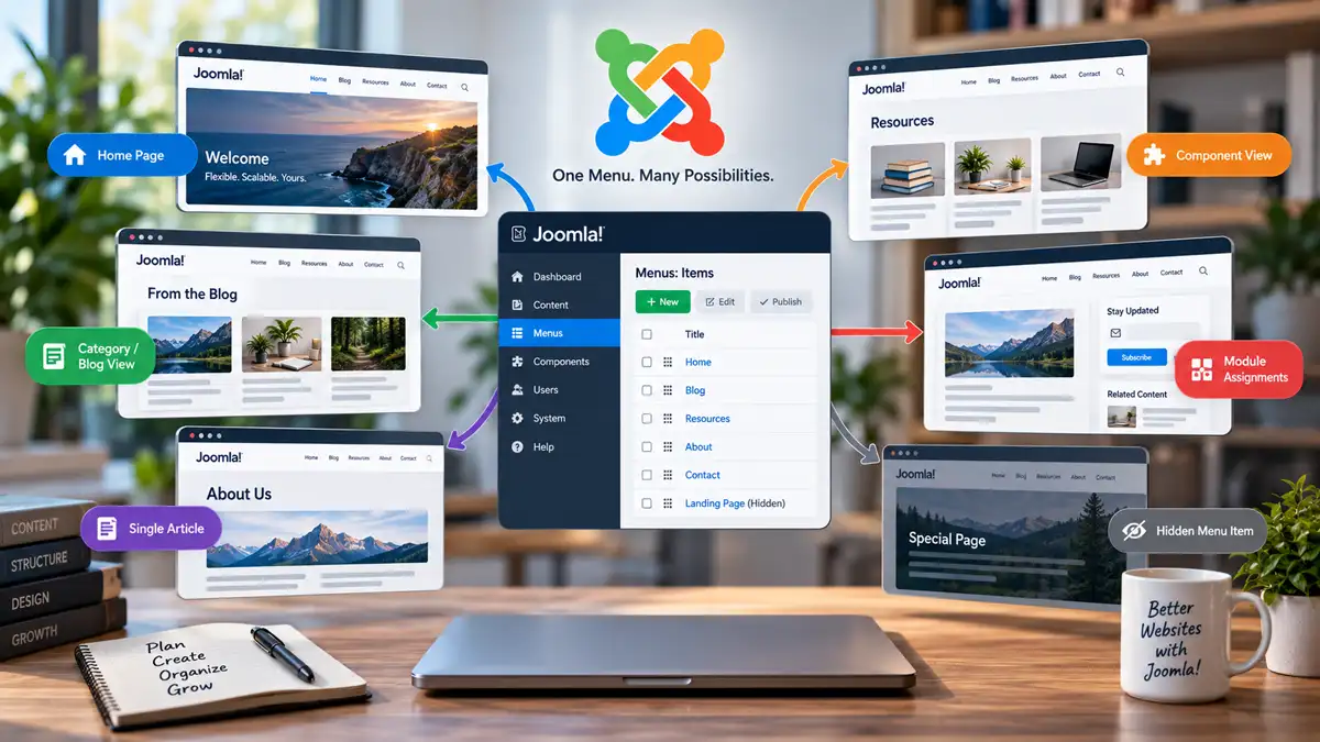 Joomla menu structure connecting different page views, module assignments, and a hidden menu item