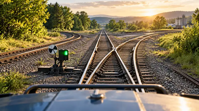 Railway switch directing tracks along different routes