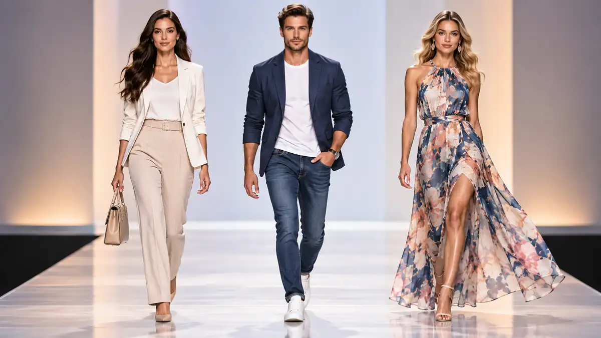 Three models wearing different styles while walking on the same runway