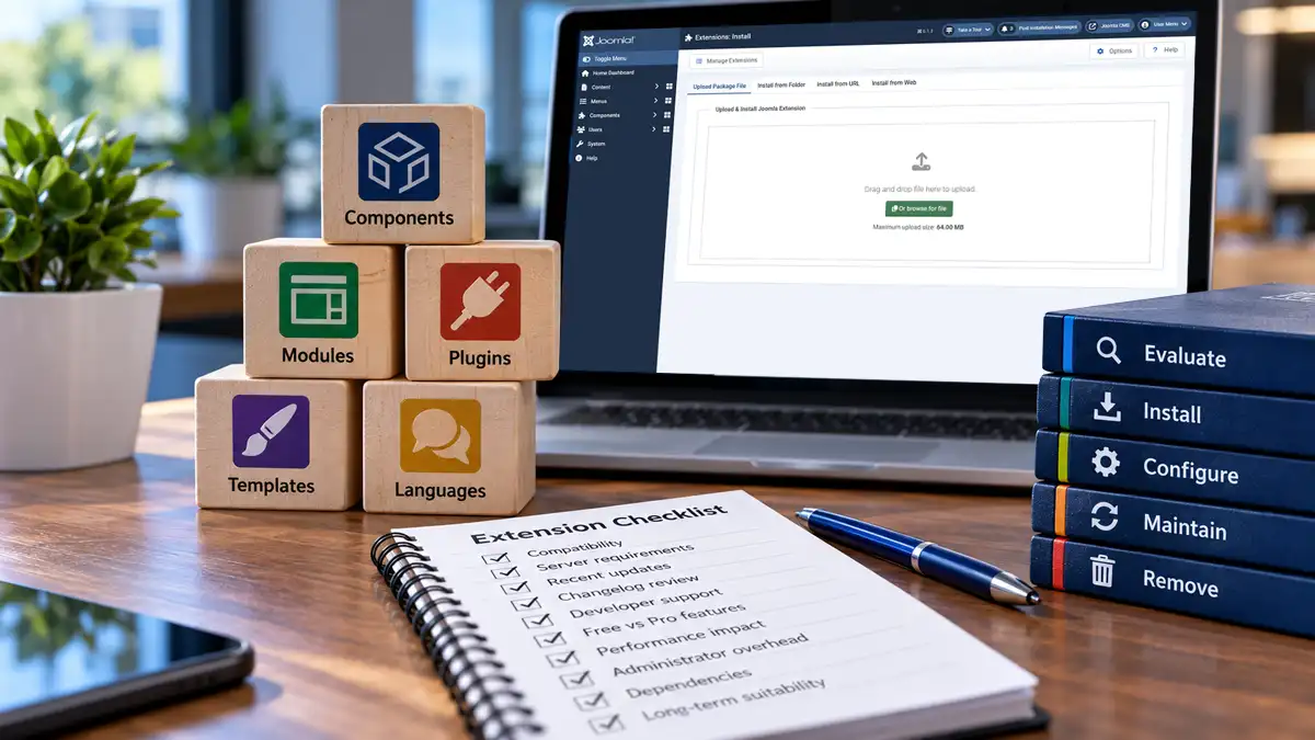 Joomla extension management workspace featuring the Joomla installer, extension types, an evaluation checklist, and maintenance resources