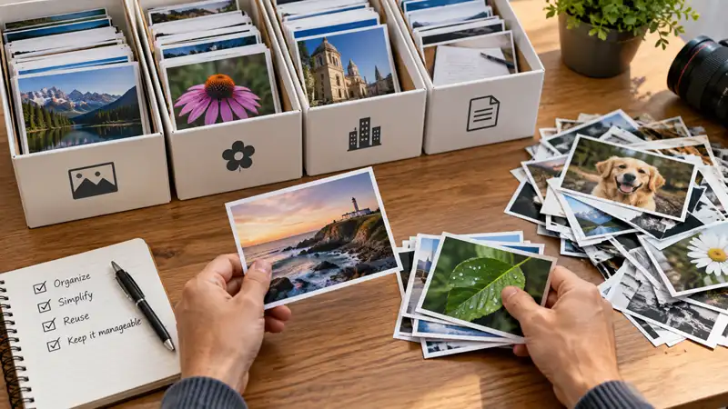Photographs being sorted into an organized media collection