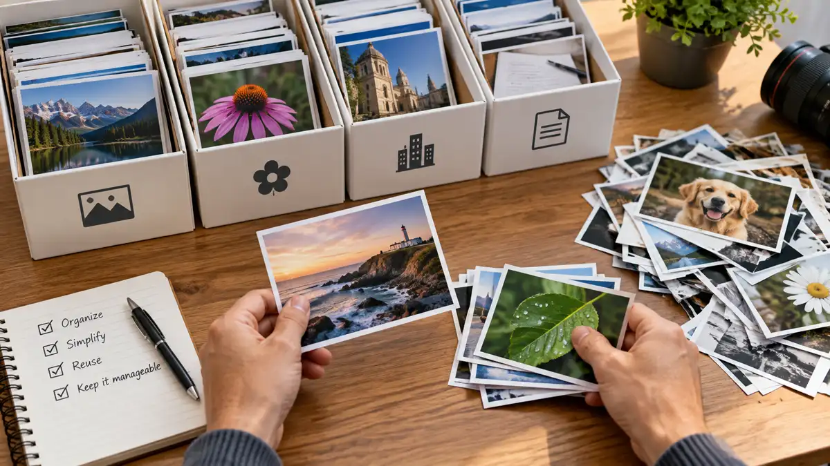 Photographs being sorted into an organized media collection