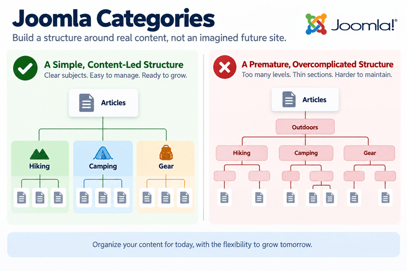 Simple Joomla category structure compared with a premature, overcomplicated category hierarchy