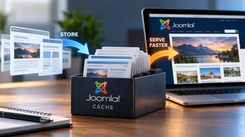 Joomla cache storage illustration showing website pages being stored and served faster through cached content.