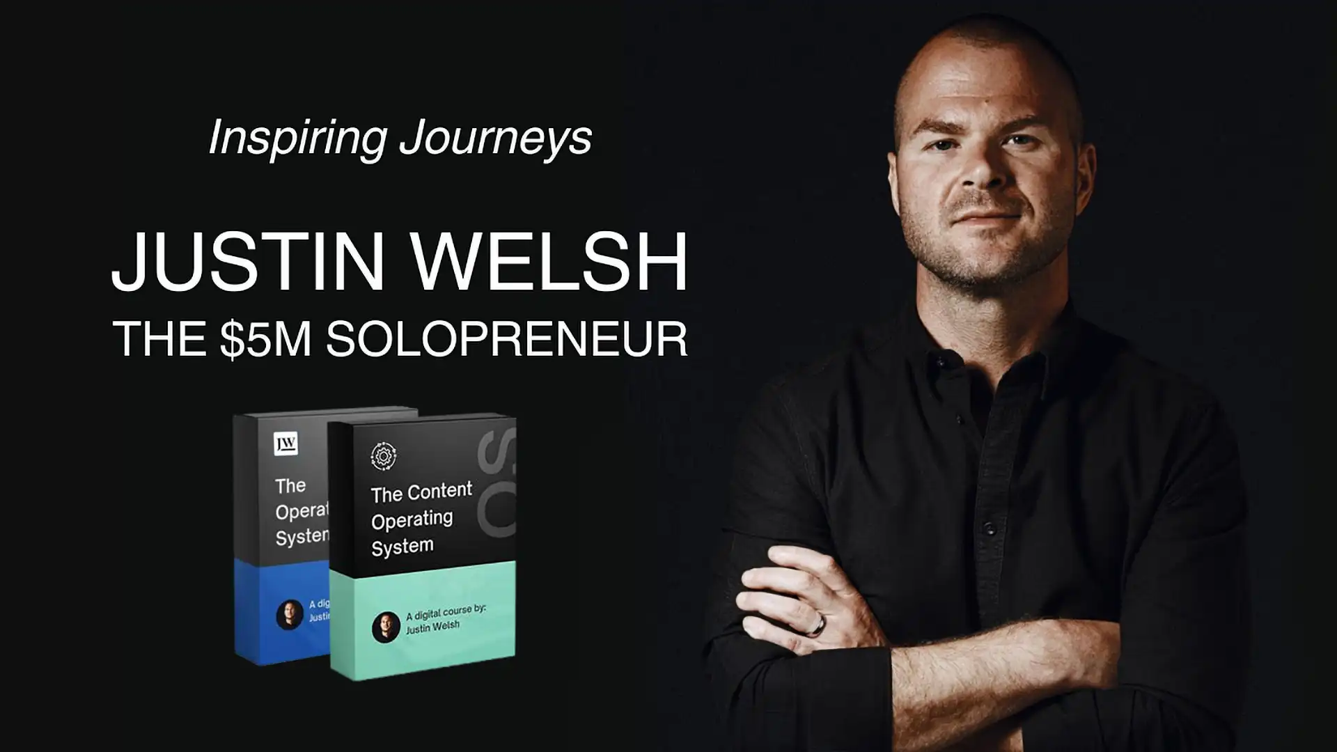 An illustration showing Justin Welsh and box covers for his courses