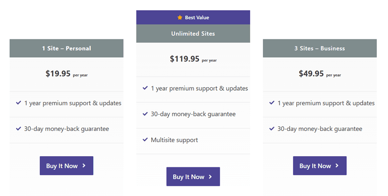 Screenshot showing the pricing table from the Novashare website