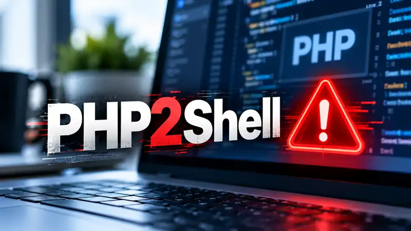 PHP2Shell security warning displayed over a laptop screen showing PHP code, with a red alert symbol.