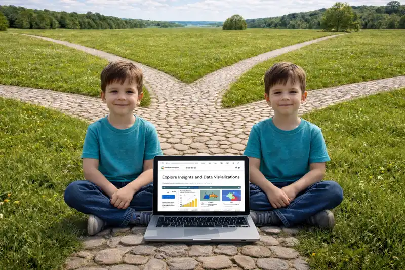 Showing two twins sitting next to a laptop with a webpage on the screen and stretching out behind are multiple paths