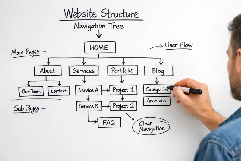 an illustration of a website navigational structure on a whiteboard