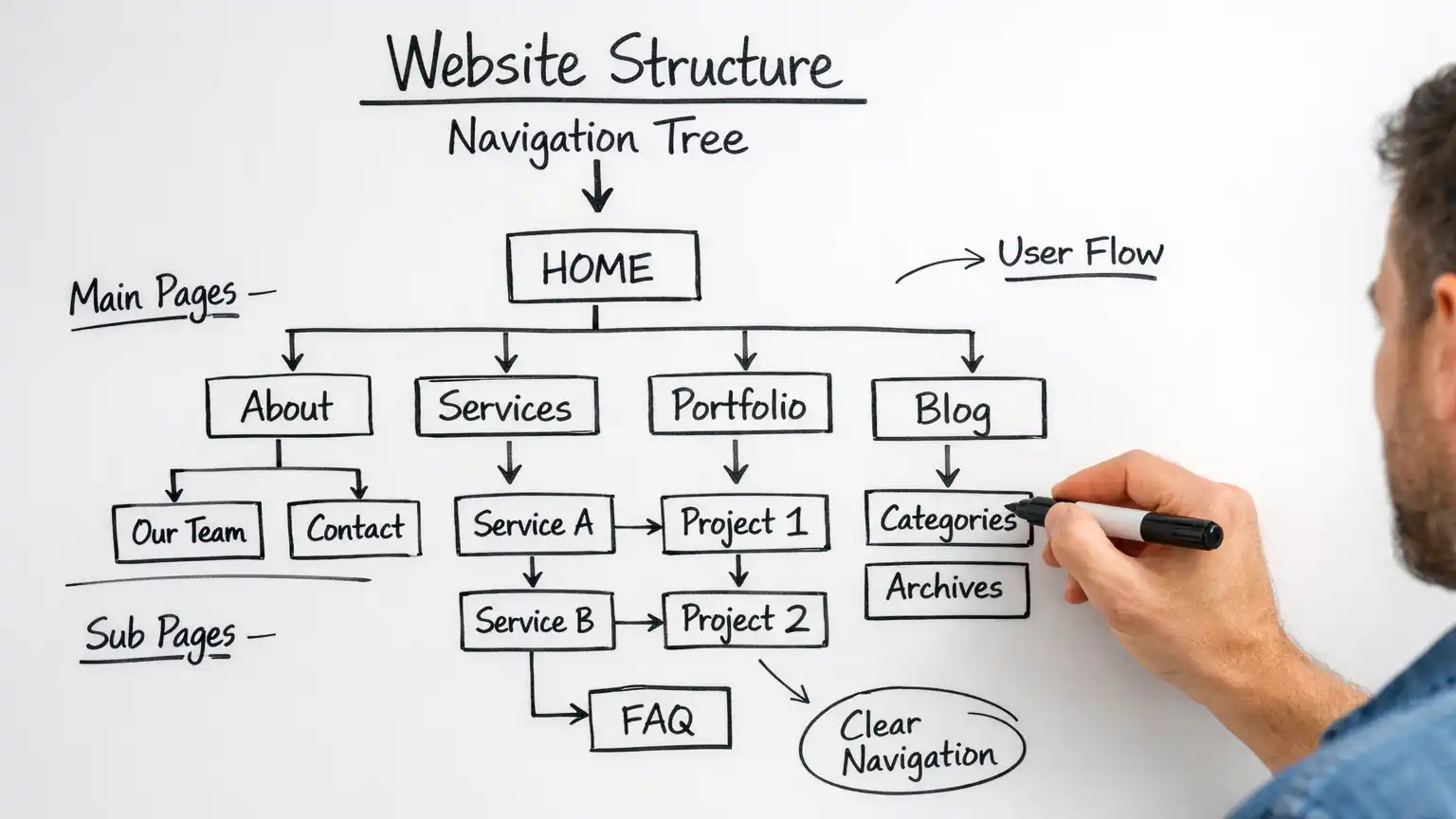 an illustration of a website navigational structure on a whiteboard